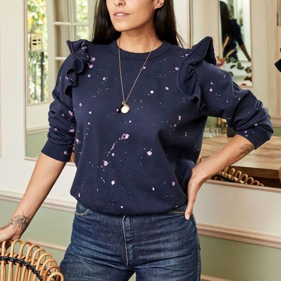 Clare V. Ruffle Sweatshirt in Navy Lavender Splash Size Small - Picture 1 of 7